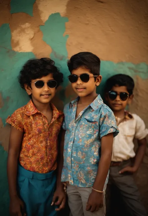 Multiple Indian kids, wearing sun glasses, multiple blocks of colors on shirt, printed , standing in a swag, standing in front of a wall, wall painted with vintage painting