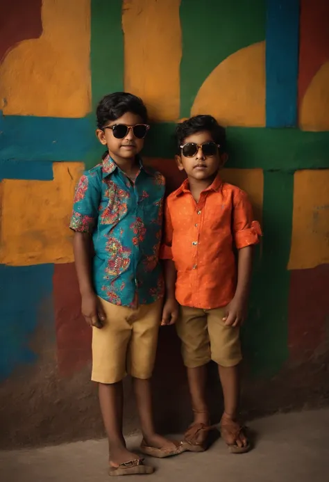 Multiple Indian kids, wearing sun glasses, multiple blocks of colors on shirt, printed , standing in a swag, standing in front of a wall, wall painted with vintage painting