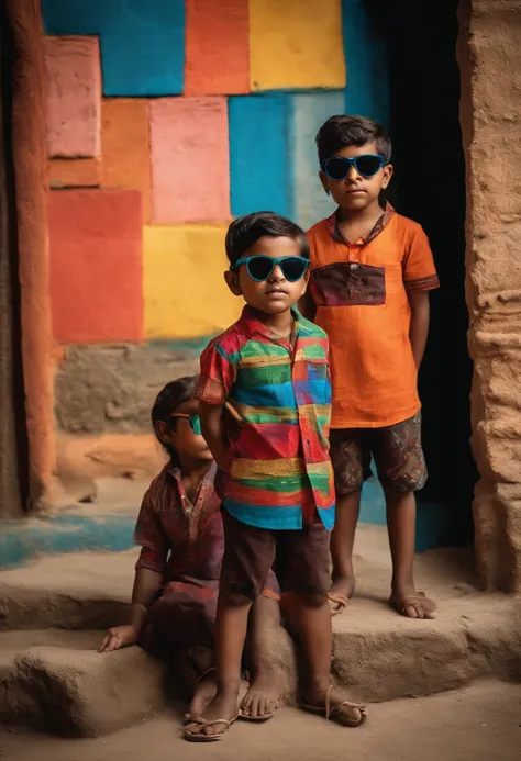 Multiple Indian kids, wearing sun glasses, multiple blocks of colors on shirt, printed , standing in a swag, standing in front of a wall, wall painted with vintage painting