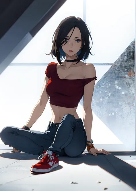 Personagem feminina, estilo anime 2D, Cabelos longos e pretos, Olhos pequenos e escuros, cor de pele: Morena, magra, wearing a top and ripped jeans that go all the way down to the knee, pants a red jordan