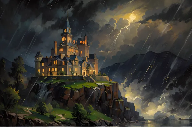 ((nobody)) Vintage Victorian style, Precise old encyclopedia (best quality:1.2), (detailed:1.2), (masterpiece:1.2), vintage illustrations of a dark castle on the mountain, dark stormy weather, storm, rain, at night, castle towers with glowing light, oil pa...