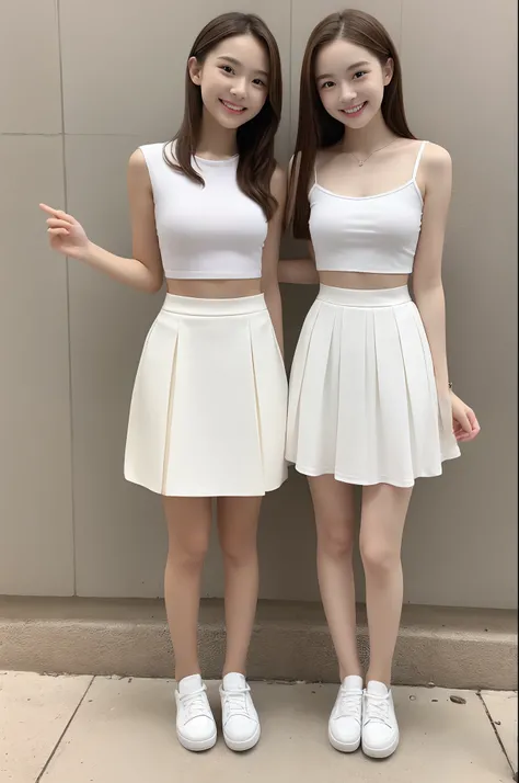 masterpiece, highest quality, full body , 2girls, two sisters, standing, ((18 years old)), (instagram photo), ((short)), ((small breasts)), petite body, white top, (conservative skirt), brown hair, white shoes, smiling, innocent face, innocent, young, deta...