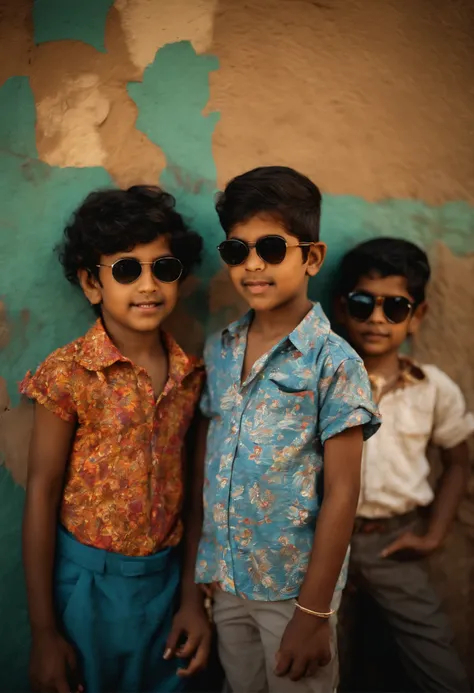 Multiple Indian kids, wearing sun glasses, multiple blocks of colors on shirt, printed , standing in a swag, standing in front of a wall, wall painted with vintage painting