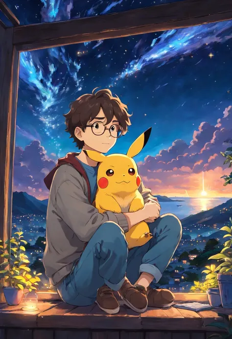 homem jovem, wearing glasses with wavy hair sitting with Pikachu, Watching the starry sky at night