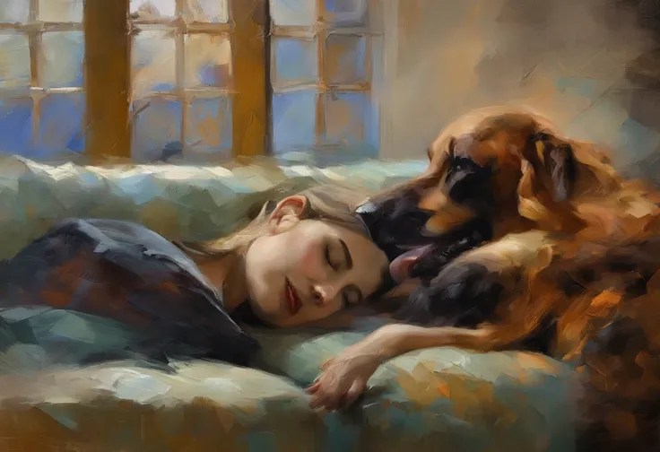 A painting of a woman with her eyes closed, dog sleeping next to her, 1930s ((golden ratio}} laying on the sofa after a long night on the town, a sensual painting, a Beautiful expressive painting, Wadim Kashin. Ultra photo realism, Louise Ross, digital pai...