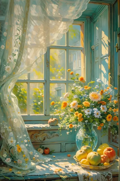 painting of a vase of flowers and fruit on a window sill