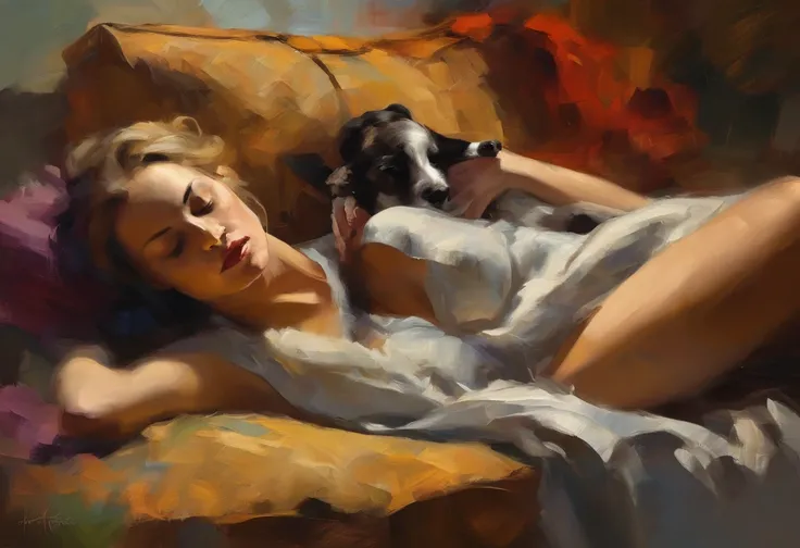 A painting of a woman with her eyes closed, dog sleeping next to her, 1930s ((golden ratio}} laying on the sofa after a long night on the town, a sensual painting, a Beautiful expressive painting, Wadim Kashin. Ultra photo realism, Louise Ross, digital pai...