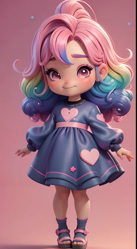 Uma menina chibi, vestido rosa, cabelos grandes, Rainbow hair colors, sapatilhas, pink hair bow, Glitter, sorrir,