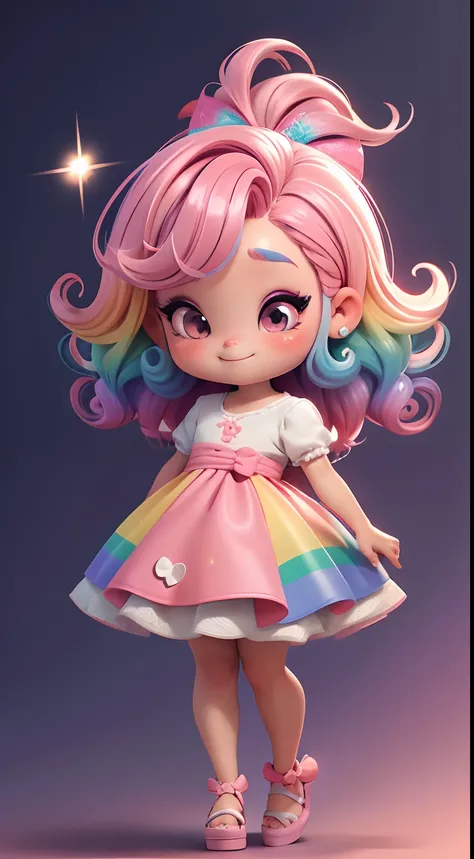 Uma menina chibi, vestido rosa, cabelos grandes, Rainbow hair colors, sapatilhas, pink hair bow, Glitter, sorrir,