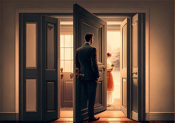 "Create a heartwarming scene where a man stands at the open door, eagerly waiting to receive his wife after a long trip. Describe the setting, his emotions, and the anticipation in the air as he prepares to greet her."