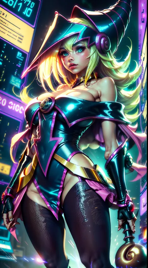 Dark magician cybernetic girl with electric eyes, burning metallic hair, piel iridiscente con patrones de circuitos, nails sharp as claws, y una mirada misteriosa. The neon light of the environment reflects on its metallic curves as it rises majestically o...