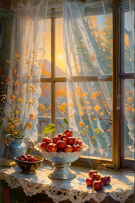 oil painting still life, vintage illustration of a window at the sunset, iridescent light, soft light, rain drops, lacy curtains...