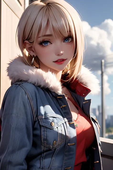 1girl in, Solo, Android 18, Blonde hair, Blue eyes, Short hair, Jewelry, earrings, Smile, Jacket, Looking to the side, denim, Denim jacket, Upper body, lingerie, Closed mouth, cloud, skyporn, day, Looking away, Blue sky, 鎖骨,Leather Mini Skirt、fullllbody