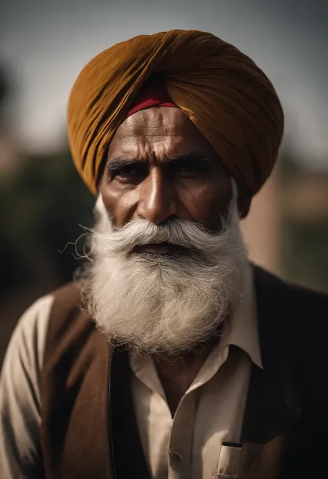 Old indian man, wearing turban, white bigger beard, bigger moustache, lighting sigar in swag, extremely detailed facial hairs, portrait, half body