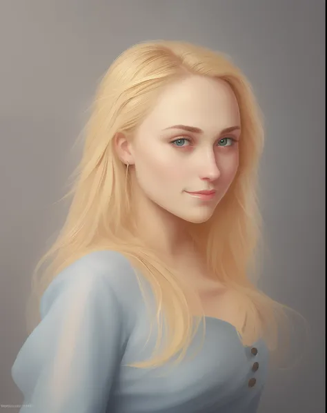 Close-up of a woman with long blonde hair and a blue dress, Portrait d’Annasophia Robb, airbrush digital oil painting, gorgeous digital painting, Realist Cute Girl Painting, high quality portrait, Looks like Britney Spears, Digital painting on glossy paper...