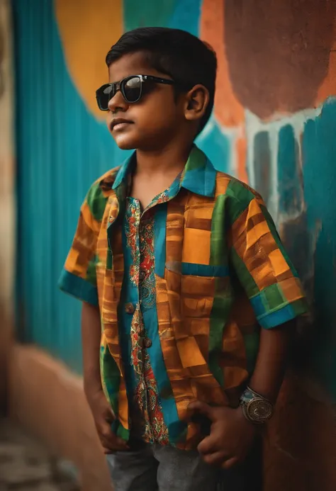 Indian kid, wearing sun glasses, multiple blocks of colors on shirt, printed , standing in a swag, standing in front of a wall, wall painted with vintage painting of a old mans face