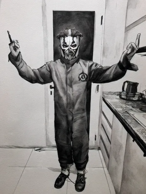 1  sujeto con traje de slipknot, boceto artstyle, Graycale, monocromo, ((solamente))