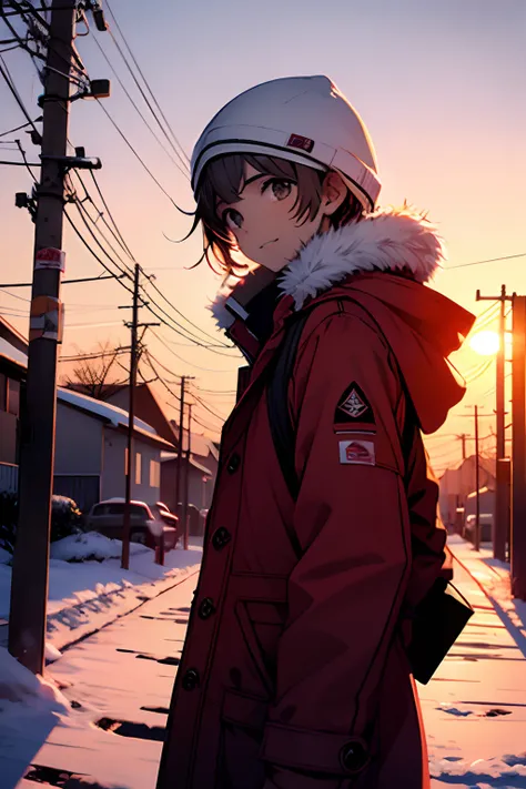 menino novo,  wearing insulated red coat, Na neve, Sunset, 4k,