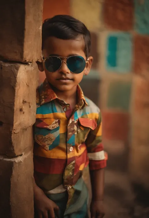 Indian kid, wearing sun glasses, multiple blocks of colors on shirt, printed , standing in a swag, standing in front of a wall, wall painted with vintage painting of a old mans face