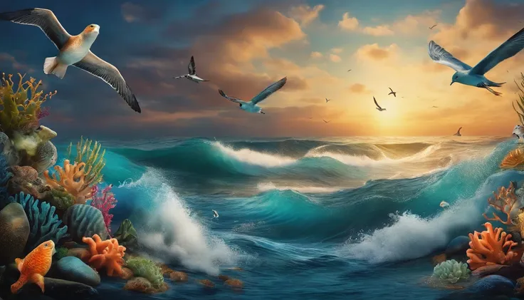 An image of the ocean with sea creatures and birds floating above.