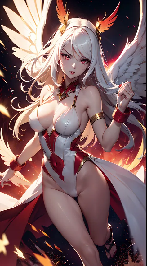 Nudity, 20 year old young woman( Long white hair ),(bright red eyes)<=(eyes HD lighting) (has red lips), beautiful eyebrows (badass expression) both hands have red bracelets on the arms ( ) (has 6 large wings with a beautiful bright green color) (He wears ...