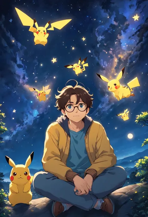 Homem jovem moreno, de casaco, wearing glasses with wavy hair sitting with Pikachu, Watching the starry sky at night