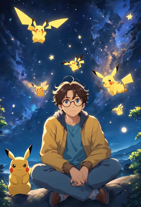 Homem jovem moreno, de casaco, wearing glasses with wavy hair sitting with Pikachu, Watching the starry sky at night