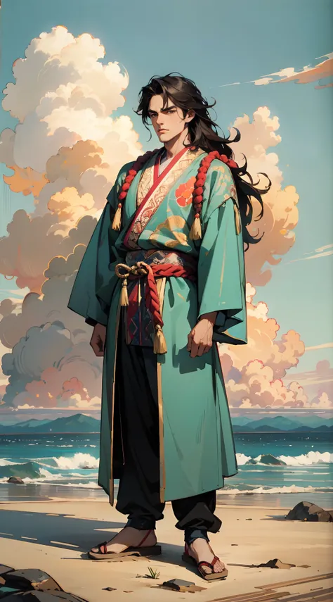 A man with disheveled long hair, a cascade of unruly locks, a handsome countenance, a carefree expression, tall and slender, wears a light-colored Chinese-style undershirt, over which he layers a loose dark-colored long daoist robe, long and wide sleeves, ...