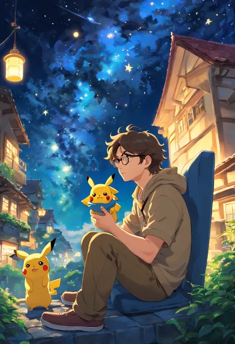 Homem jovem moreno, de casaco, wearing glasses with wavy hair sitting with Pikachu, Watching the starry sky at night