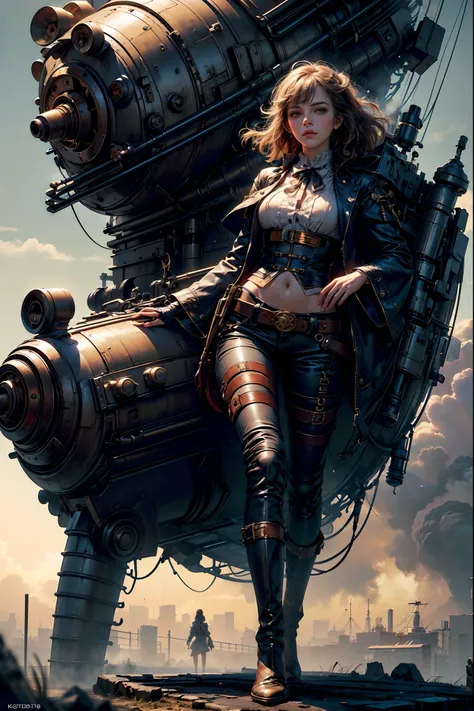 Ultra Resolution, Ultra detail, 8k , HDR, Ultra sharp,((top-quality)), ((​masterpiece)), ((realisitic)), (detailed), Reflective,een Emma Watson,steampunk girl,looking back at the camera,leather shorts,slender and graceful frame,inside pirate ship,helmet wi...