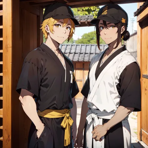 A white skin guy, brown long hair, wearing a black cap, and a black traditional Japanese kimono, confident smirk and yellow eyes