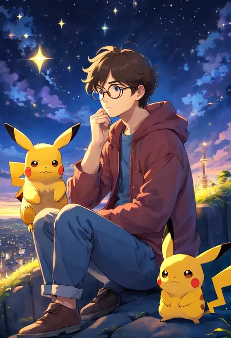 Homem jovem moreno, de casaco, wearing glasses with wavy hair sitting with Pikachu, Watching the starry sky at night