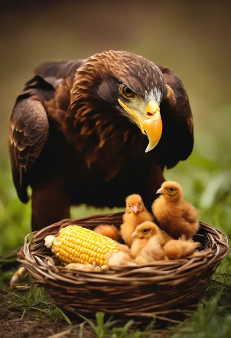 a very small baby eagle without its mother eating corn among the big chickens.