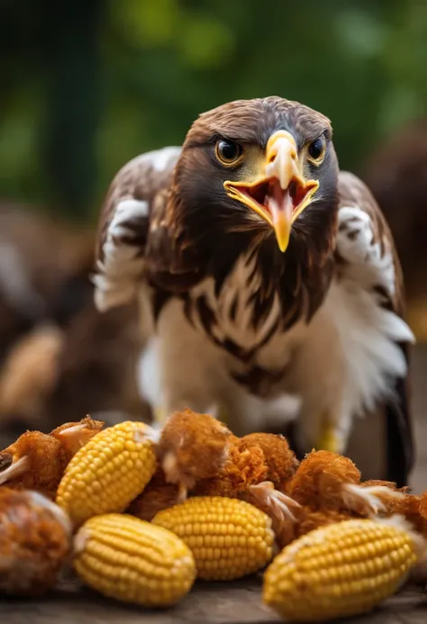 a very small baby eagle without its mother eating corn among the big chickens.