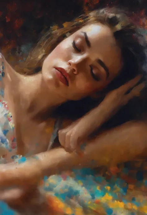 A painting of a woman with her eyes closed, 1960s era ((golden ratio}} laying on the sofa after a long night on the town, a sensual painting, a Beautiful expressive painting, Wadim Kashin. Ultra photo realism, Louise Ross, digital painting art, Perceptual ...