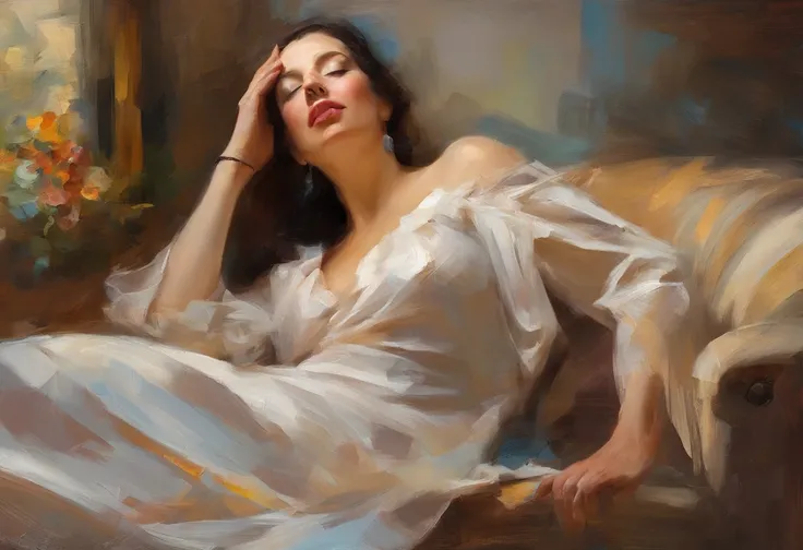 A painting of a woman with her eyes closed, ((golden ratio}} laying on the sofa after a long night on the town, a sensual painting, a Beautiful expressive painting, Wadim Kashin. Ultra photo realism, Louise Ross, digital painting art, Perceptual digital pa...