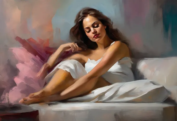 A painting of a woman with her eyes closed, ((golden ratio}} laying on the sofa after a long night on the town, a sensual painting, a Beautiful expressive painting, Wadim Kashin. Ultra photo realism, Louise Ross, digital painting art, Perceptual digital pa...