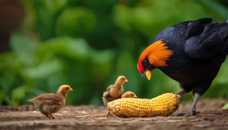 baby bird with dark feathers eating corn among large chickens