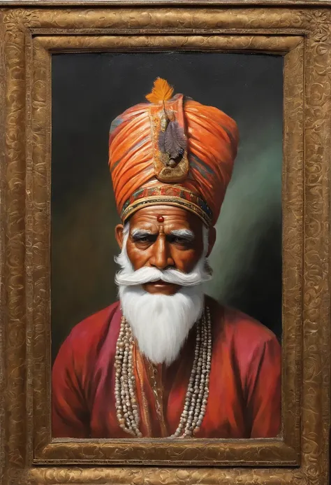 (old indian man:1.1,wearing turban:1.2,white bigger beard:1.1,bigger moustache:1.1,lighting cigar:1.2,in swag,extremely detailed facial hairs,portrait,half body,medium:oil painting,detailed eyes and face,detailed turban,traditional clothing,aged appearance...