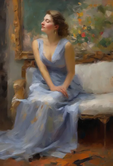 A painting of a woman with her eyes closed, leaning on her hand smiling, wearing a beautiful dress, with exposed cleavage, ((golden ratio}} laying on the sofa after a long night on the town, a sensual painting, a Beautiful expressive painting, Wadim Kashin...