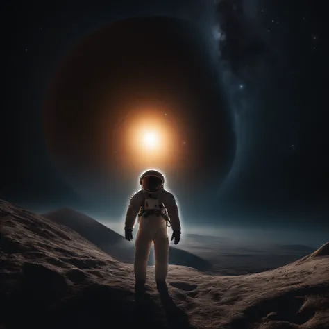 In the vast expanse of space,  An astronaut wearing a spacesuit stands in front of a black hole. Em estado sem peso,  meteoritos flutuam ao redor. Tem surrealismoo,  fotografia ultra grande angular,  Arte Oficial,  8k,  realismo,  detalhes complexos da mel...