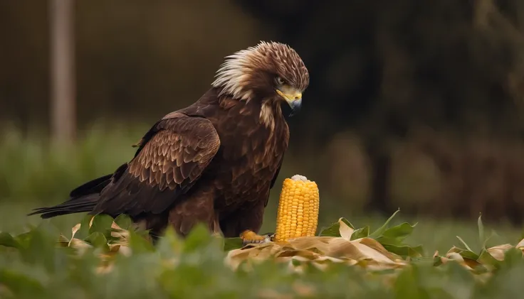 baby eagle on the ground eating corn