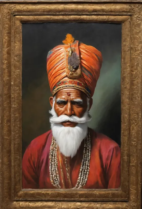 (old indian man:1.1,wearing turban:1.2,white bigger beard:1.1,bigger moustache:1.1,lighting cigar:1.2,in swag,extremely detailed facial hairs,portrait,half body,medium:oil painting,detailed eyes and face,detailed turban,traditional clothing,aged appearance...