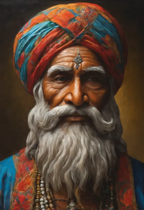 (old indian man:1.1,wearing turban:1.2,white bigger beard:1.1,bigger moustache:1.1,lighting cigar:1.2,in swag,extremely detailed facial hairs,portrait,half body,medium:oil painting,detailed eyes and face,detailed turban,traditional clothing,aged appearance...