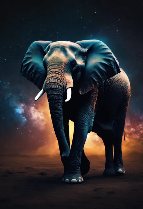 Majestic elephant in a Nebulosa , Splash art, Adobe Illustrator, Vector, 3D Illustration, Abstract Art, Print illustrations, Dark Background, Vibrant Color, Very Colorful, Trendy Colorful Gradient, Centered, Front View, Hyper Detailed, Photorealistic Rende...