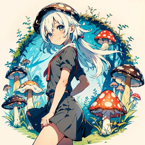 simple drawing, mushrooms and girls, tchibi, cute, big smile, dark room, glowing mushrooms, mushrooms + mushrooms + mushrooms + ...