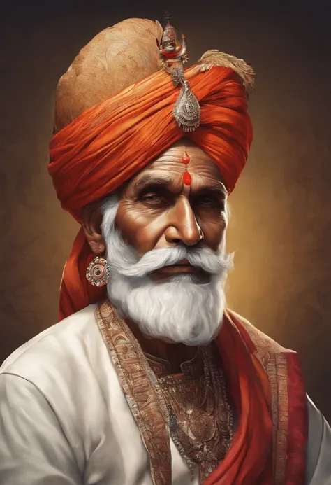 (old indian man:1.1,wearing turban:1.2,white bigger beard:1.1,bigger moustache:1.1,lighting cigar:1.2,in swag,extremely detailed facial hairs,portrait,half body,medium:oil painting,detailed eyes and face,detailed turban,traditional clothing,aged appearance...