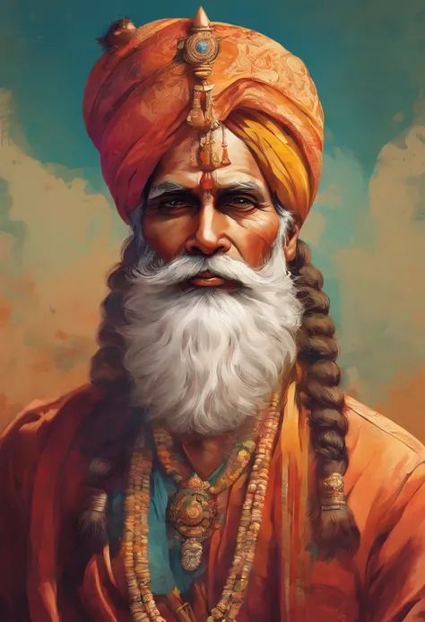 (old indian man:1.1,wearing turban:1.2,white bigger beard:1.1,bigger moustache:1.1,lighting cigar:1.2,in swag,extremely detailed facial hairs,portrait,half body,medium:oil painting,detailed eyes and face,detailed turban,traditional clothing,aged appearance...