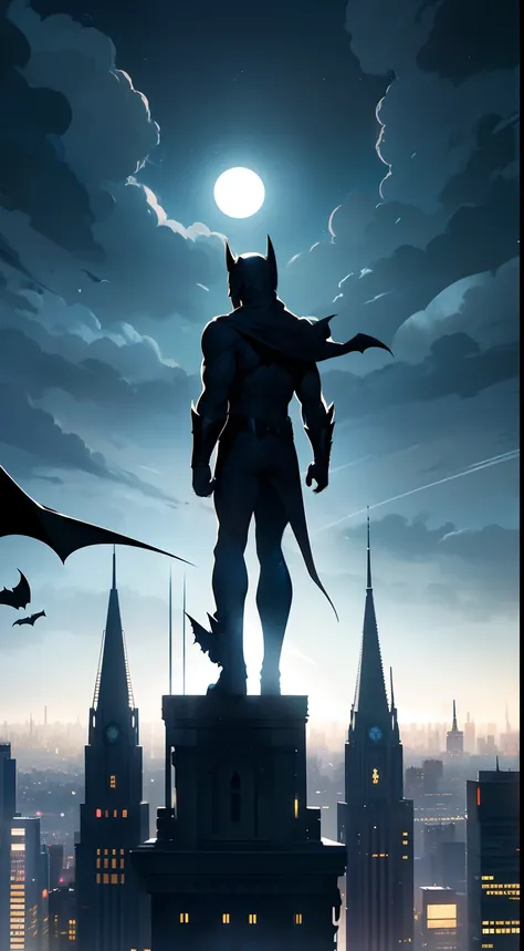 This wallpaper captures the essence of Batmans home in the dark night, set against the backdrop of a yellow, bright, and shiny moon in the sky. The scene showcases the iconic Bat-Signal illuminating the Gotham City skyline, emphasizing Batmans eternal vigi...