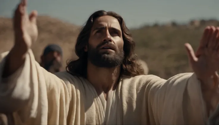 Portrait of a fatherJesus Christ praying for humanity with his hands raised. It is to the left of the image and in the background, Borrada is the population